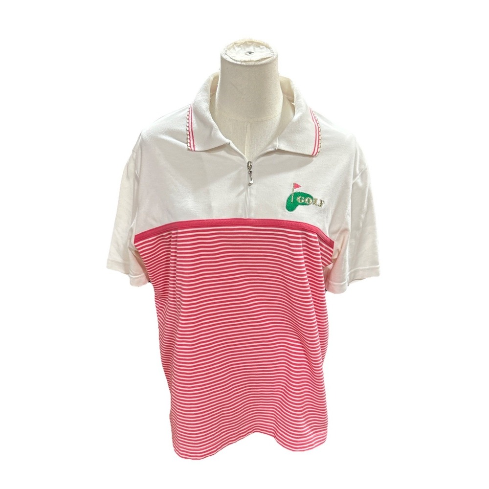 Coral Bay Golf Polo Shirt Women's Large White Pink 1/4 Zip Short Sleeves
